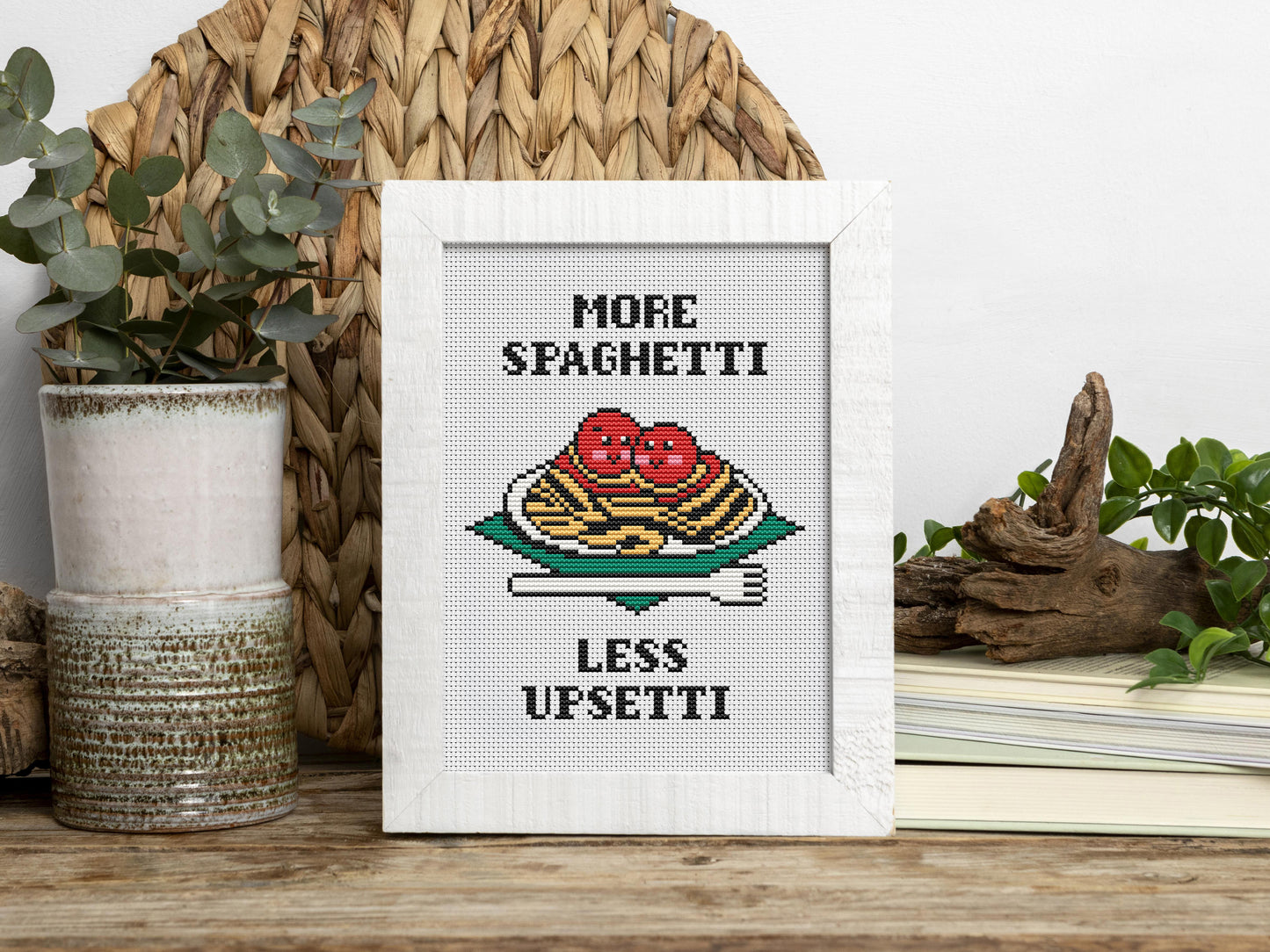 More Spaghetti Less Upsetti cross stitch pattern – funny kitchen quote embroidery PDF for modern food decor
