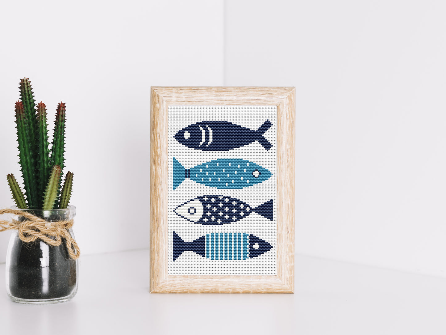 Abstract blue fishes cross stitch pattern – minimalist modern summer embroidery design PDF for ocean-themed decor
