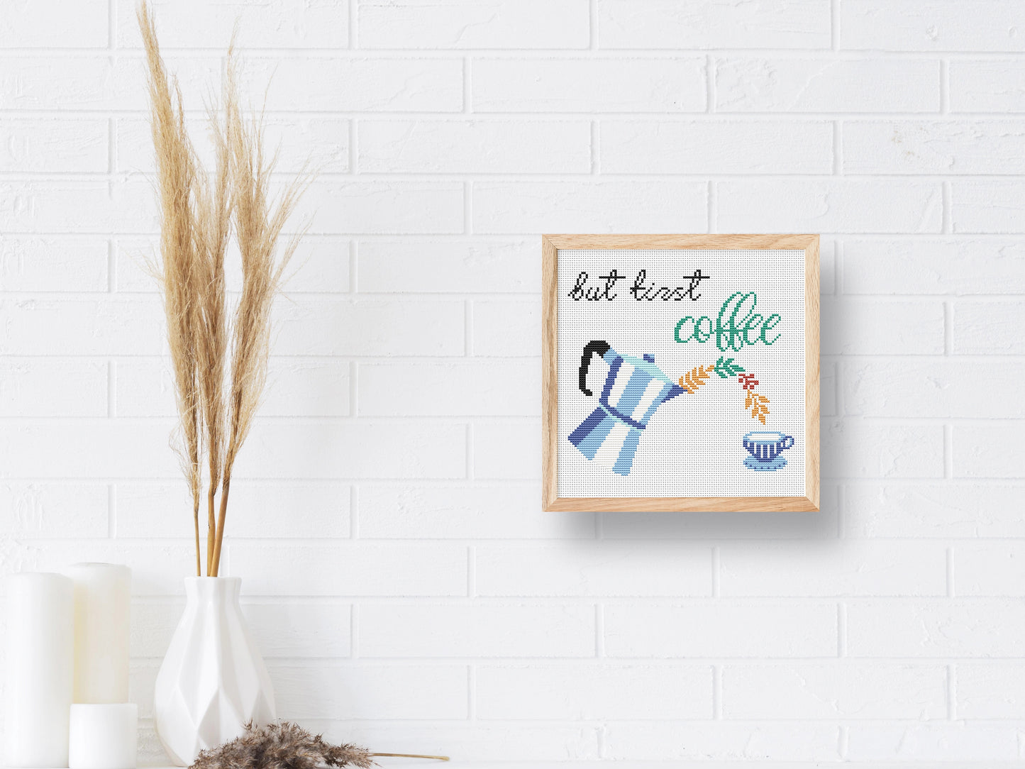 But First Coffee free cross stitch pattern, coffee quote embroidery design