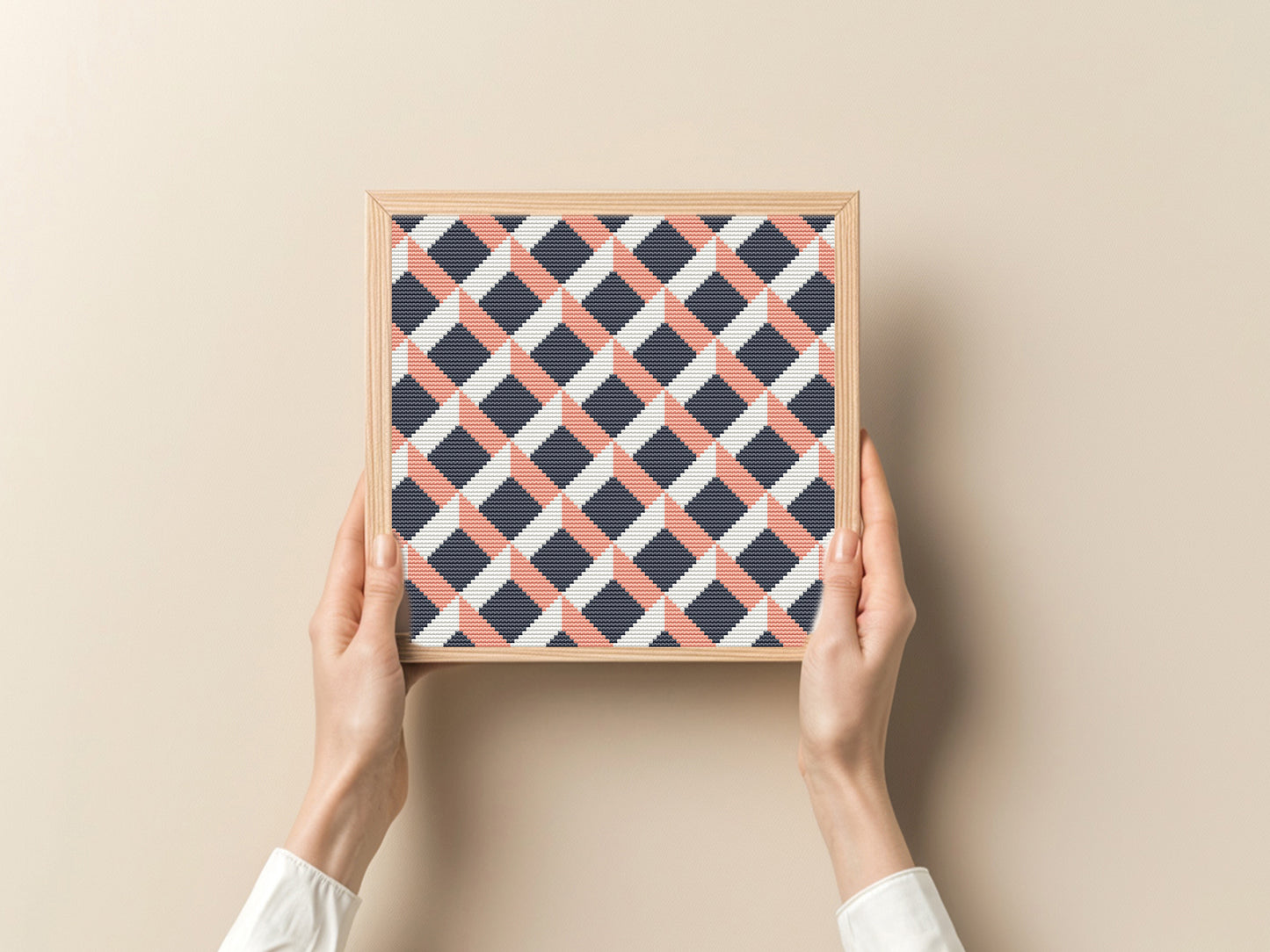 Modern geometric cross stitch pattern with abstract shapes and clean lines