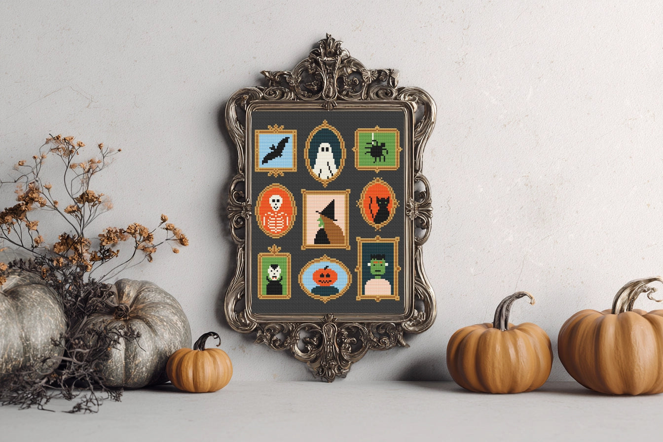 Halloween symbols in frames cross stitch pattern, spooky embroidery design