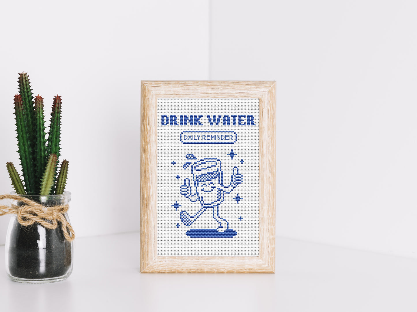 Drink Water cross stitch pattern – cute cartoon glass with quote, hydration embroidery PDF