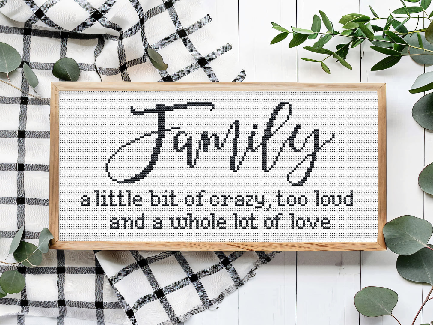 Family farmhouse quote cross stitch pattern – rustic PDF embroidery design for home décor