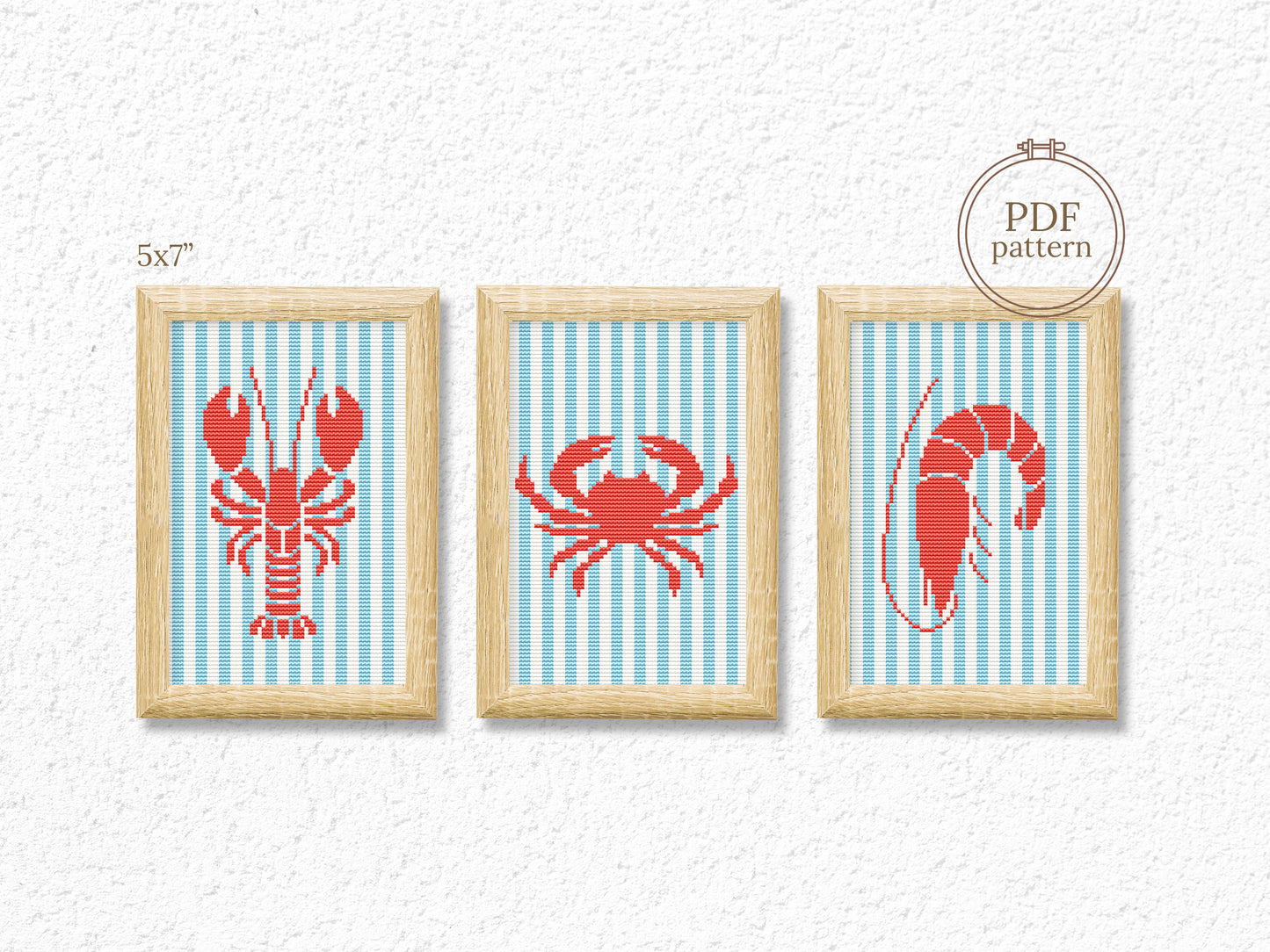 Seafood cross stitch pattern set – shrimp, crab, langoustine – modern summer embroidery PDF