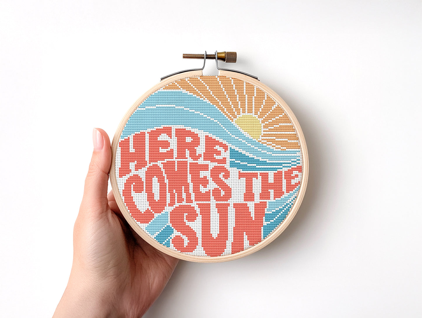 Here Comes the Sun cross stitch pattern – retro summer beach quote PDF