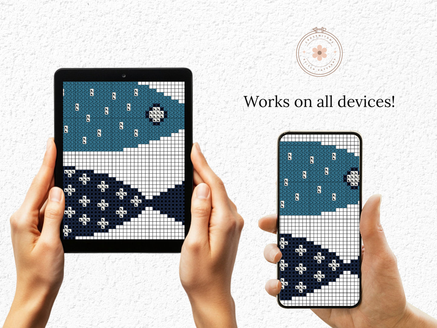 Abstract blue fishes cross stitch pattern – minimalist modern summer embroidery design PDF for ocean-themed decor