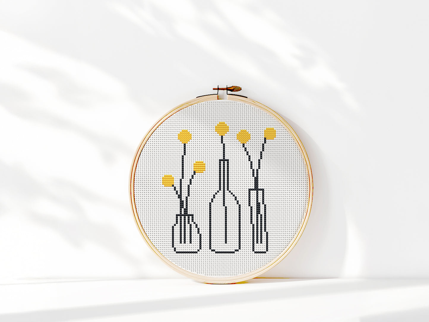 yellow flowers in outline pots cross stitch pattern, minimalist beginner embroidery on white background