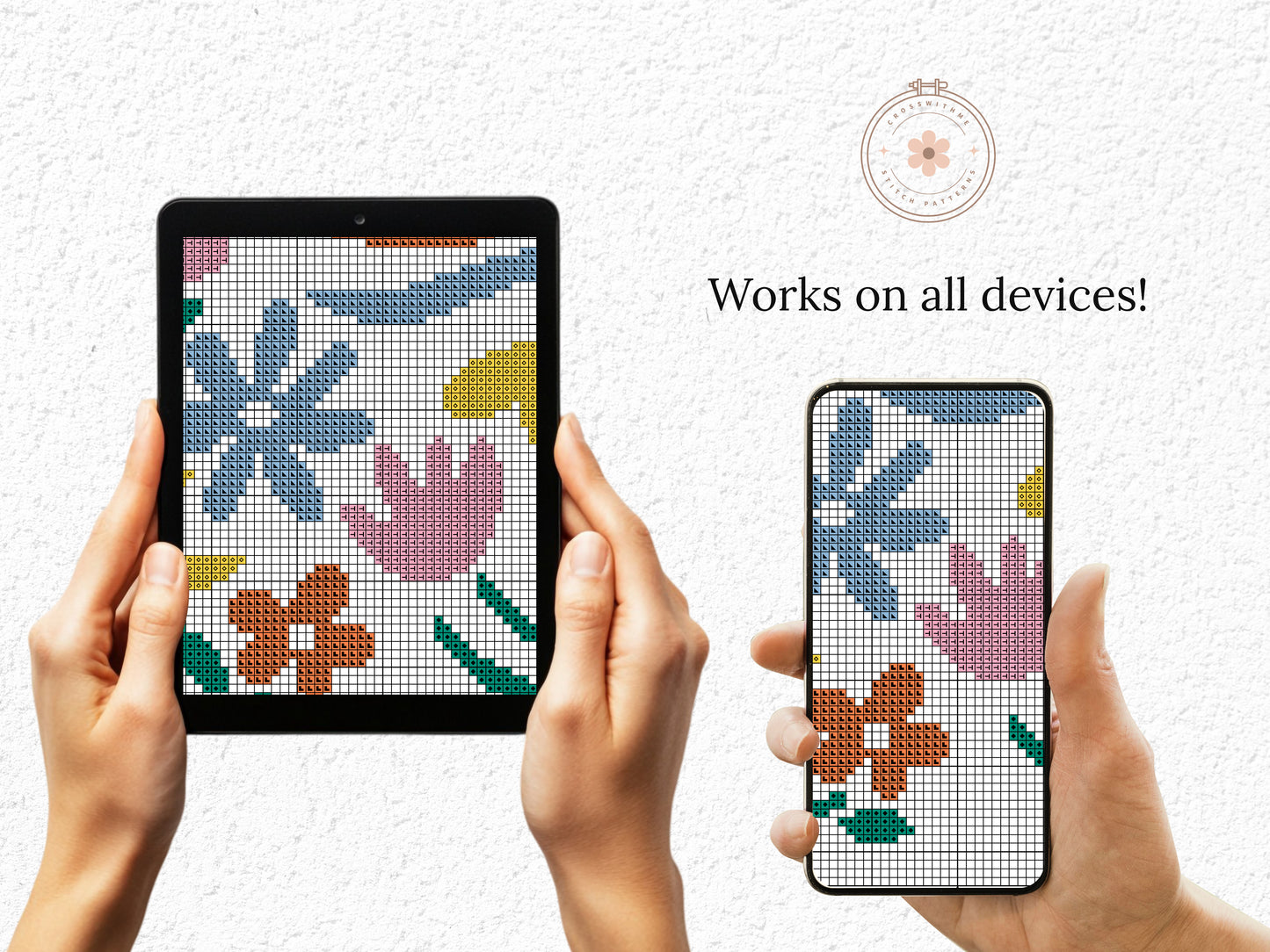 Abstract colorful flowers cross stitch pattern – modern PDF floral design on black canvas for hoop art and creative gifts
