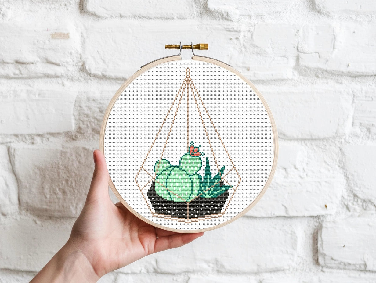 Succulents in terrarium pot cross stitch pattern, modern plant embroidery design