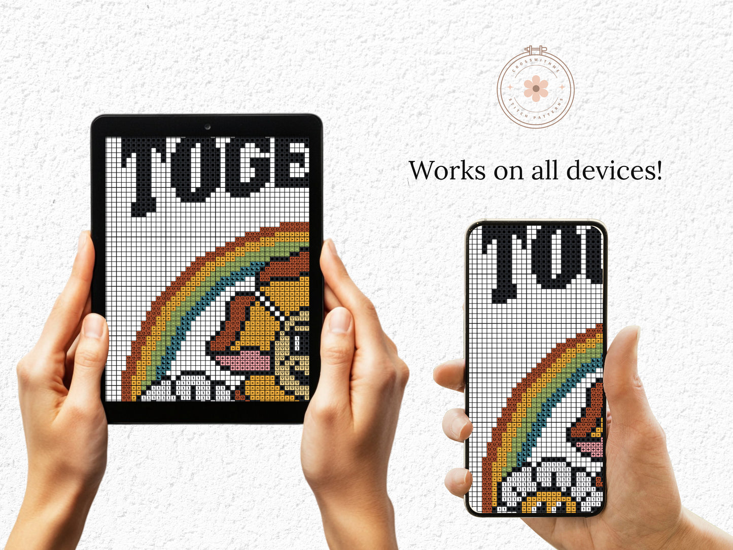 Cartoon-style cross stitch pattern with phrase "We All In This Together", modern colorful trendy design
