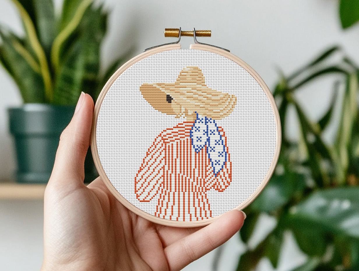 Cross stitch pattern of a woman in a hat looking at the ocean, minimalist summer beach PDF design