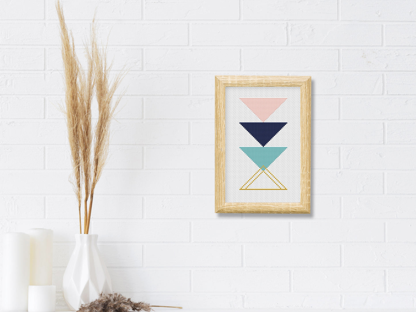 Triangle blue and rose gold abstract cross stitch pattern with modern geometric design