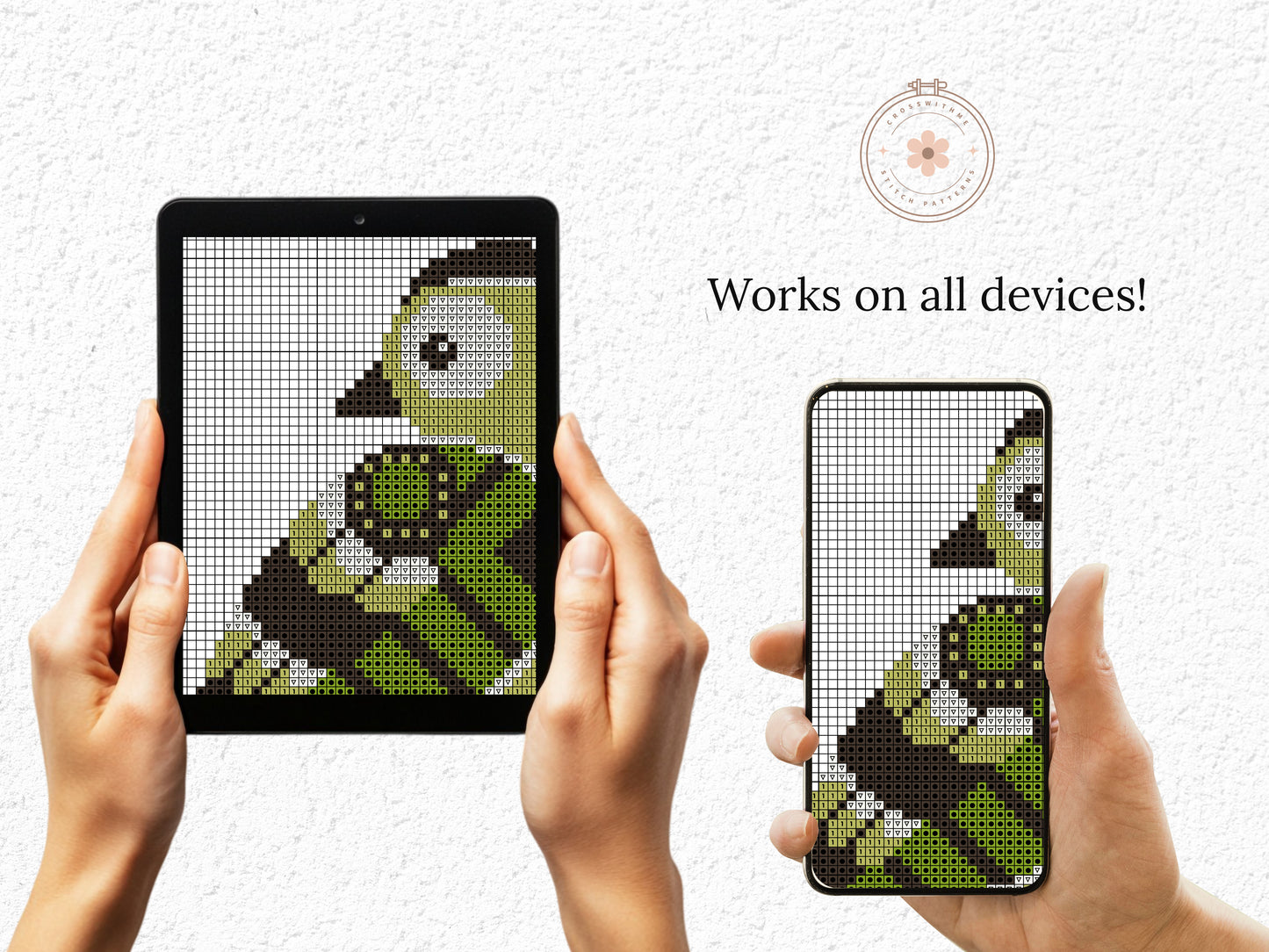 Hands holding a tablet and phone displaying cross-stitch patterns of a bird, with text 'Works on all devices!'.