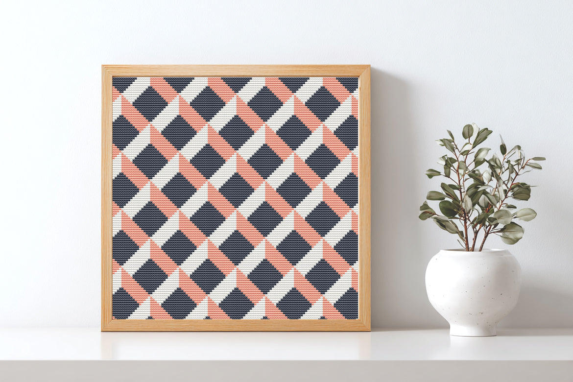 Modern geometric cross stitch pattern with abstract shapes and clean lines