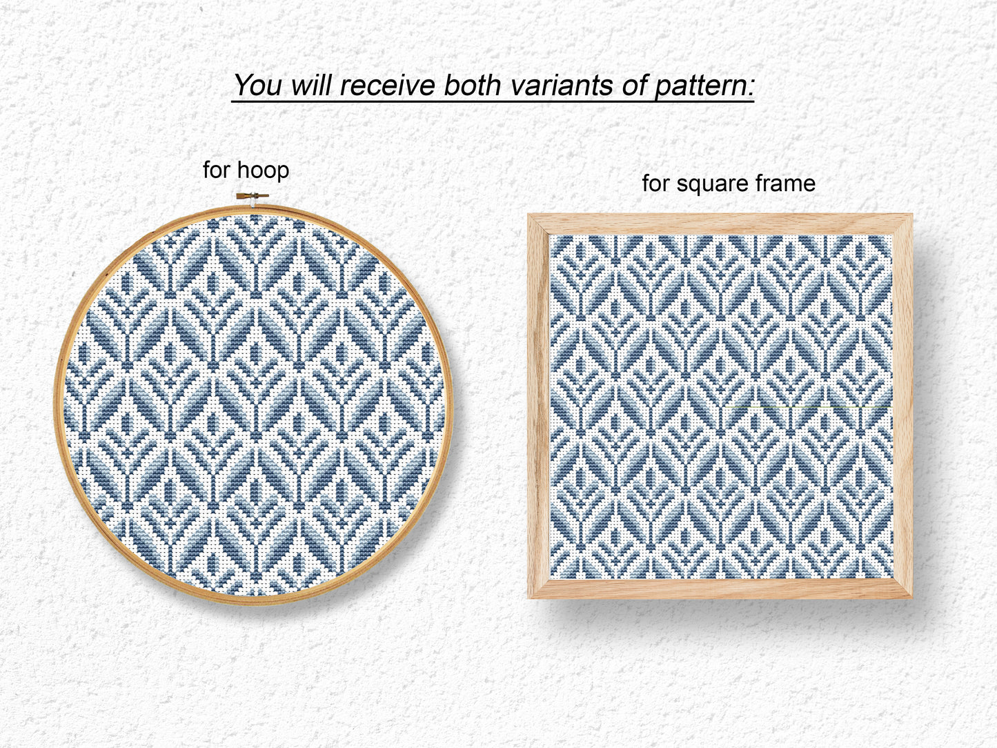 Blue geometric floral cross stitch pattern, digital PDF for modern embroidery