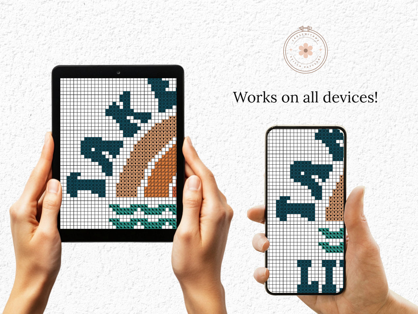 Hands holding a tablet and phone displaying cross-stitch patterns, with text 'Works on all devices!'.