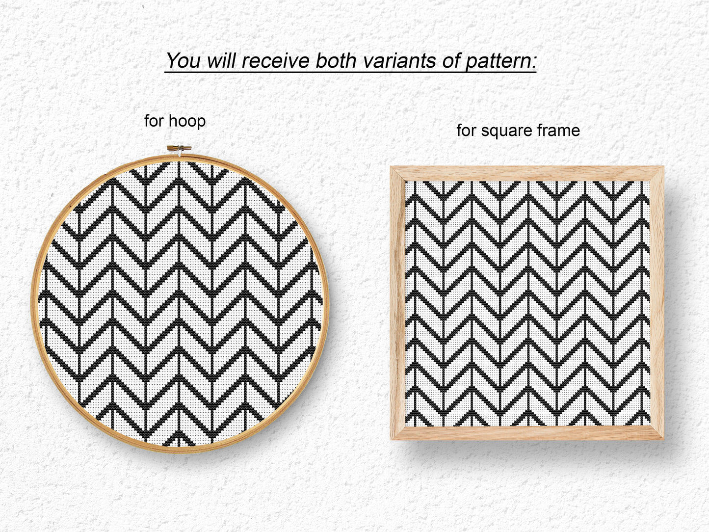 Minimal Scandinavian geometric cross stitch pattern in black and white, modern PDF embroidery design