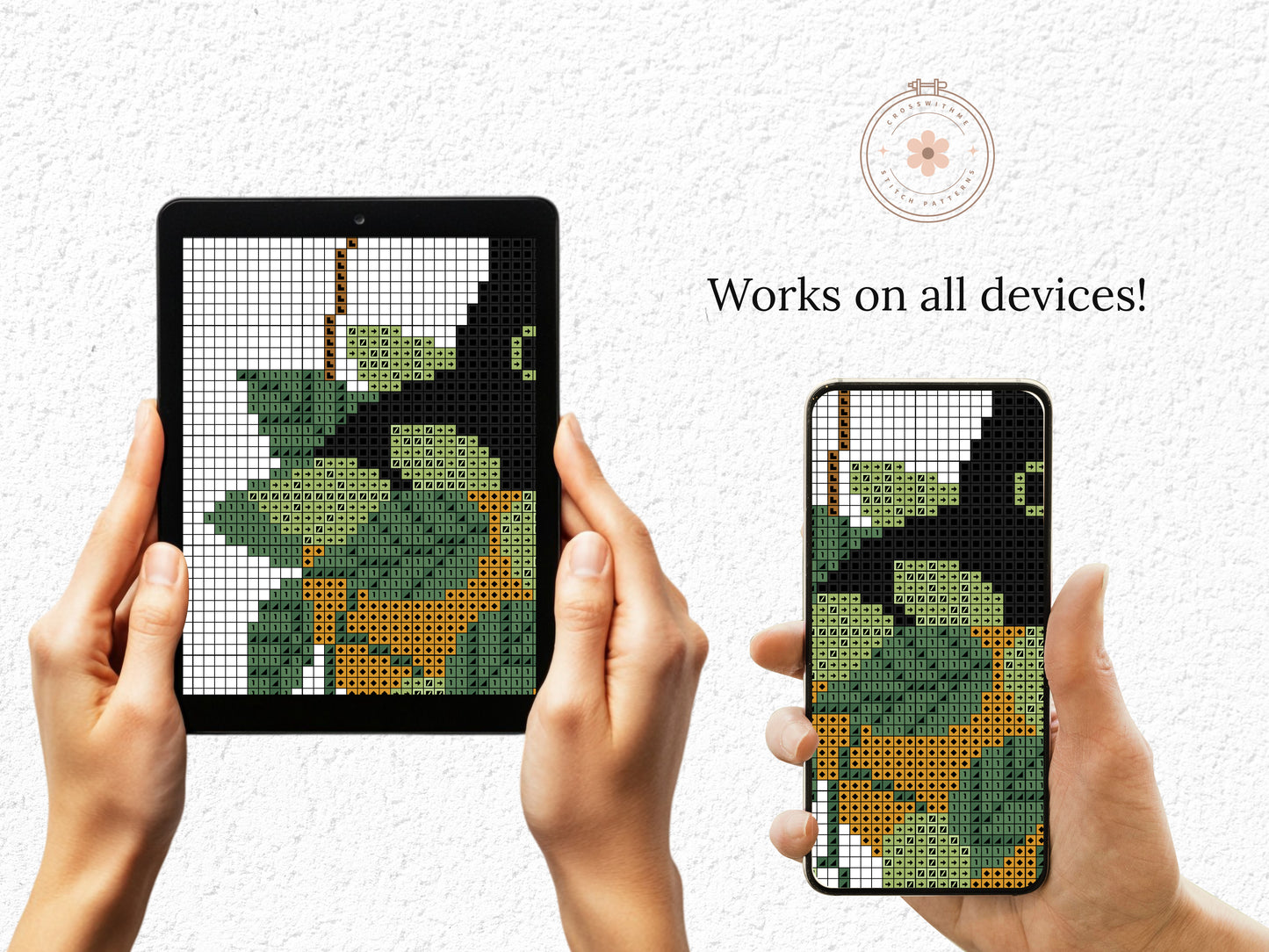 Cute relaxed cat cross stitch pattern sitting in plant pot, peaceful and cozy design