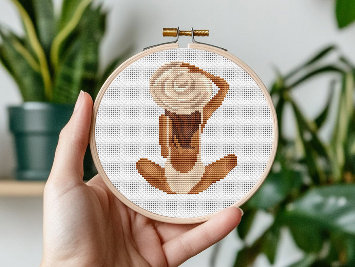Cross stitch pattern of a woman in a hat on the beach, elegant seaside minimalist PDF design