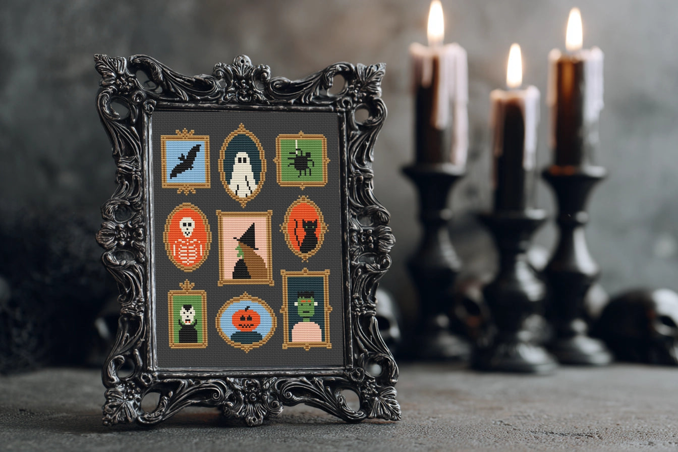 Halloween symbols in frames cross stitch pattern, spooky embroidery design