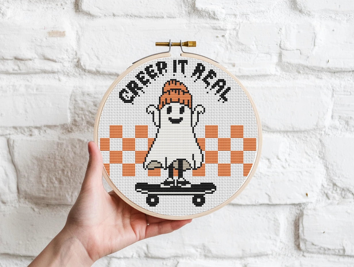 Creepy ghost Halloween cross stitch pattern, spooky embroidery design