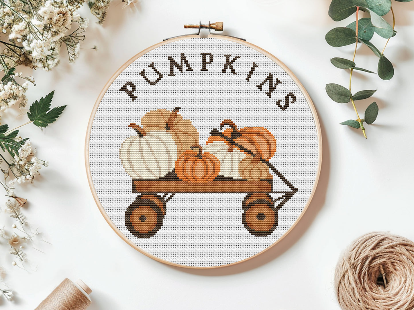 pumpkin cross stitch pattern, cozy autumn embroidery design, fall home decor pdf for beginners