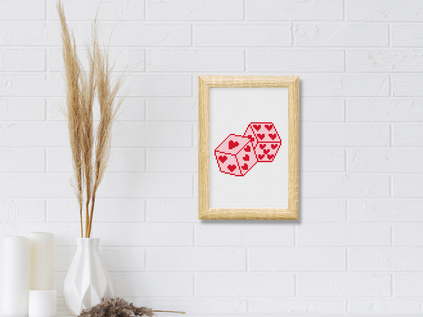 pink trendy cross stitch pattern, lucky cherry dice playing card embroidery, modern retro digital chart, fun design PDF download