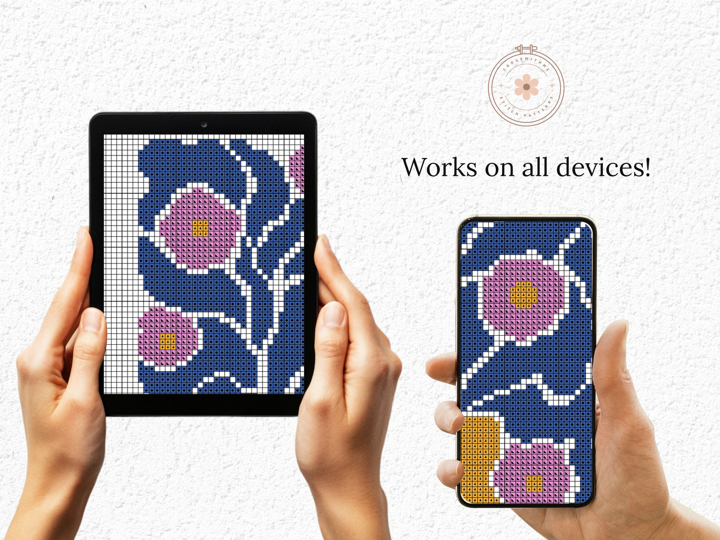 Colorful abstract floral cross stitch designs in PDF format for tablet.