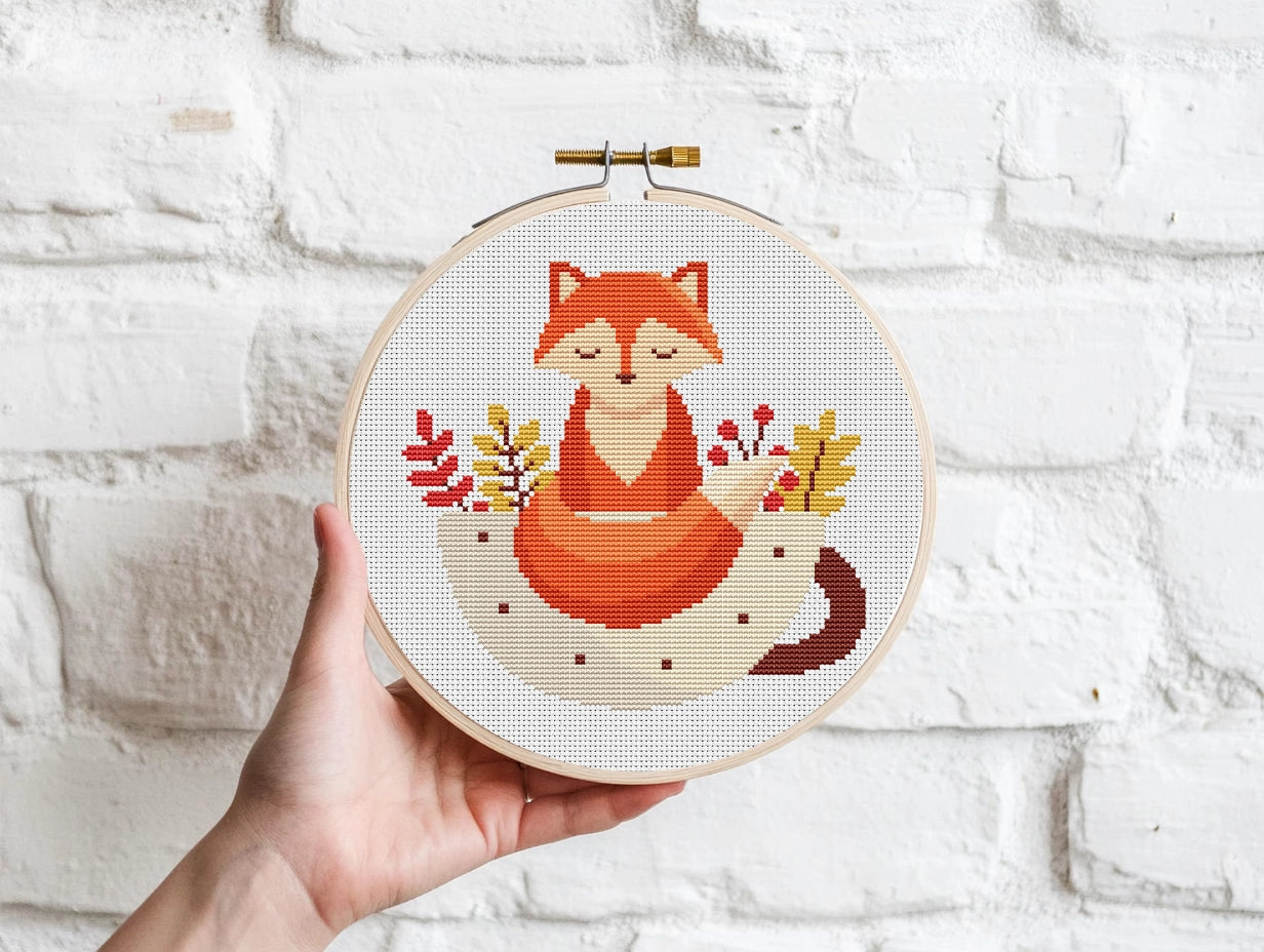 Cute fox in cup cross stitch pattern with autumn leaves, cozy fall PDF embroidery design