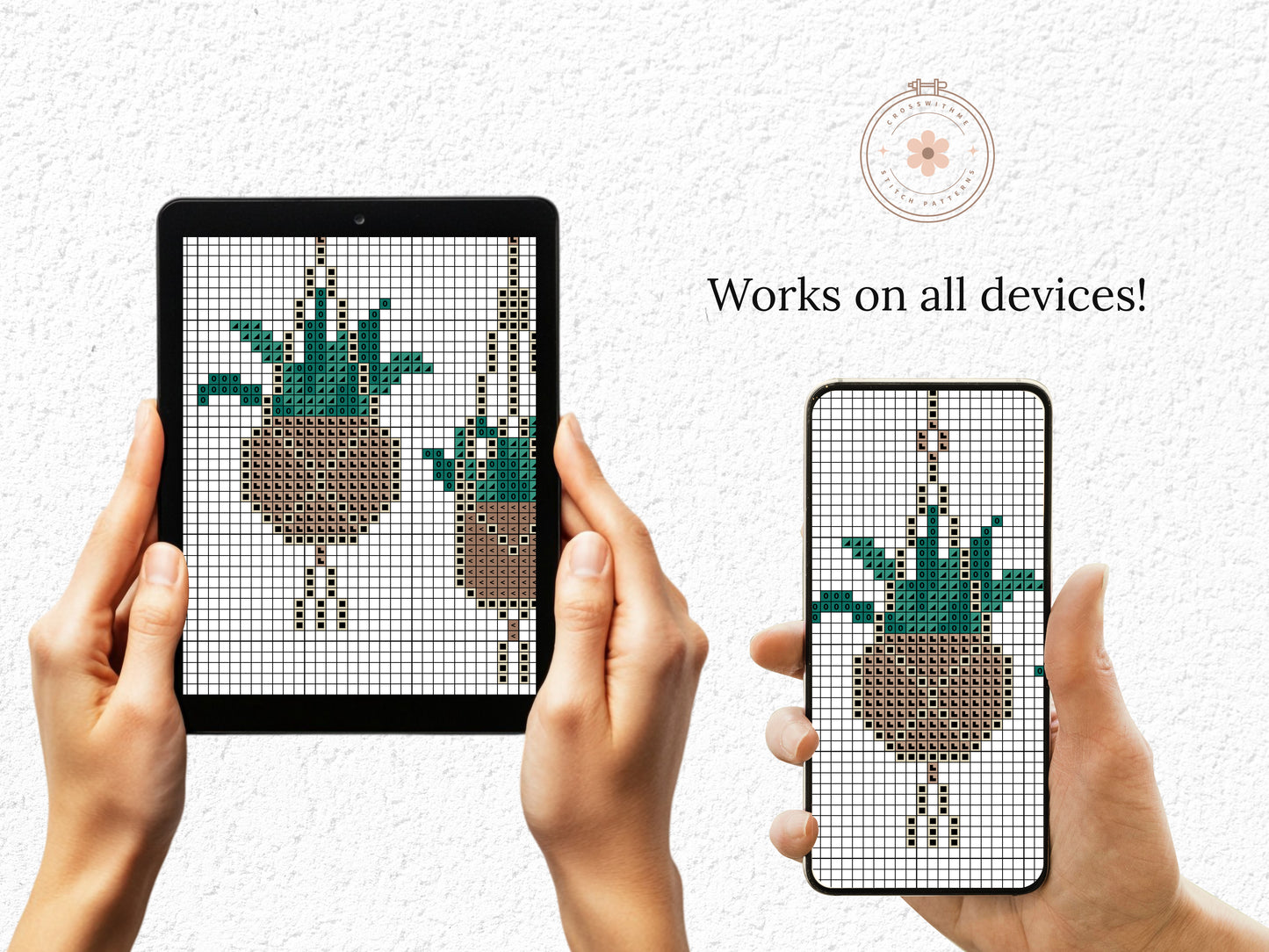 Boho cross stitch pattern with home plants in pots, decorative and stylish design