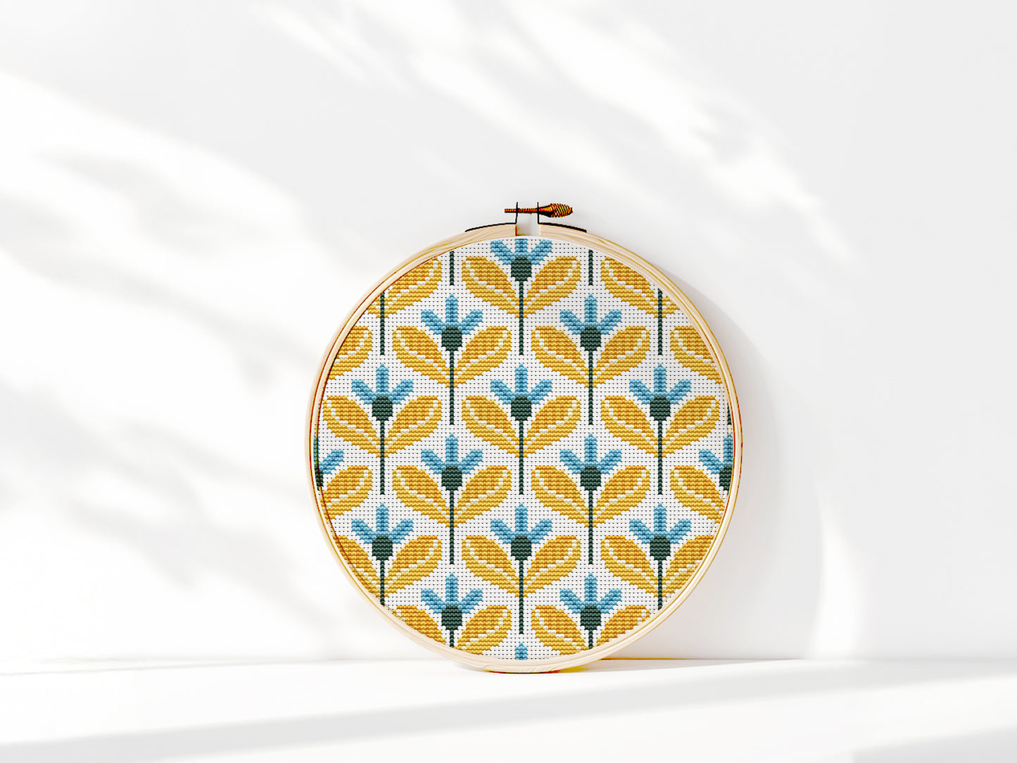 Yellow and blue geometric flowers cross stitch pattern, modern PDF embroidery design