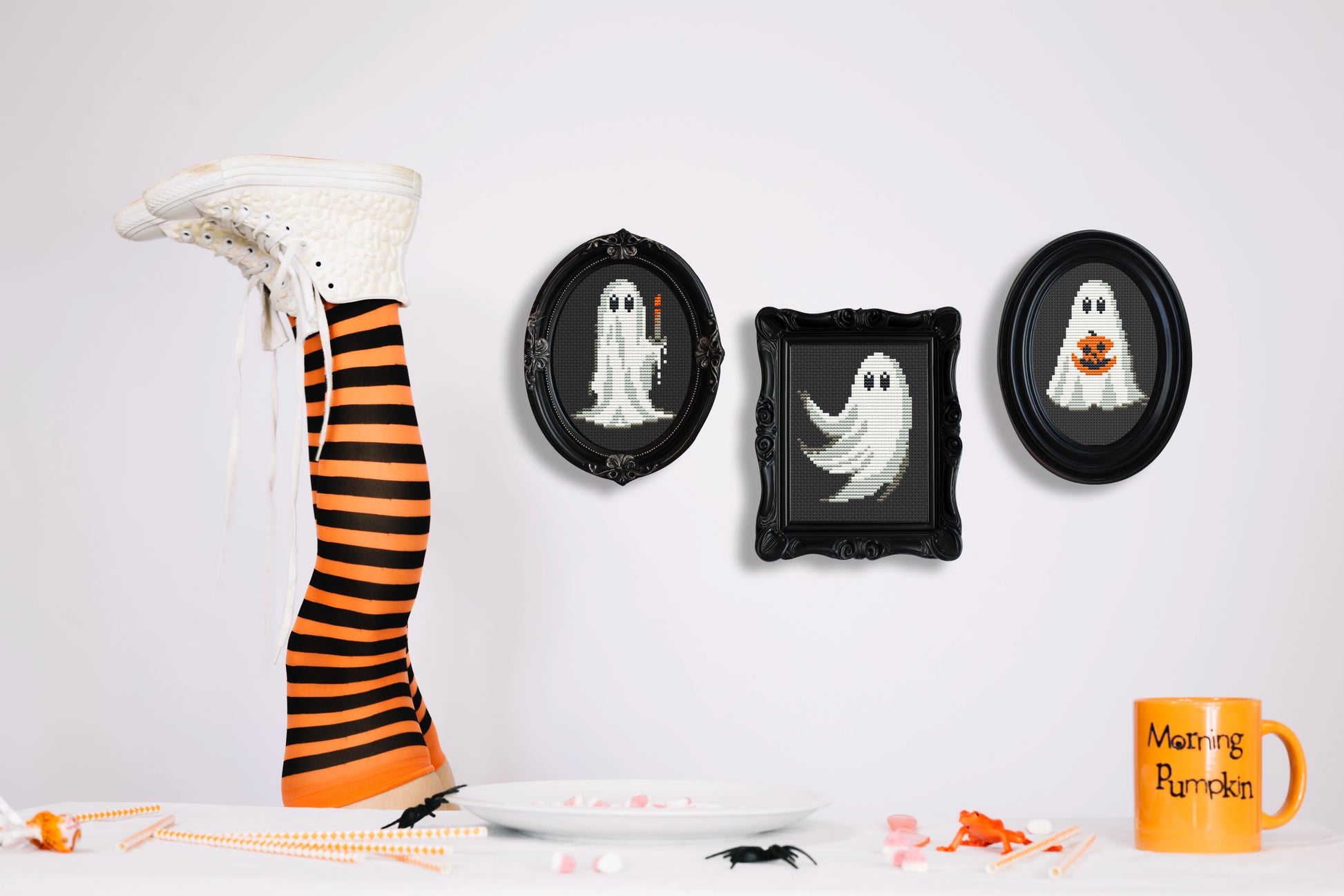 Set of 3 ghosts Halloween cross stitch patterns, spooky embroidery designs