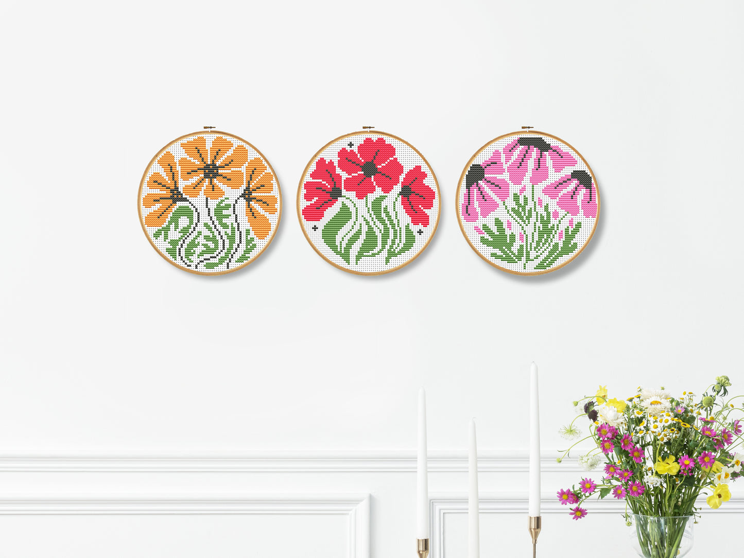 Modern floral cross stitch pattern set – 3 PDF flower hoop charts for beginners, minimalist botanical embroidery