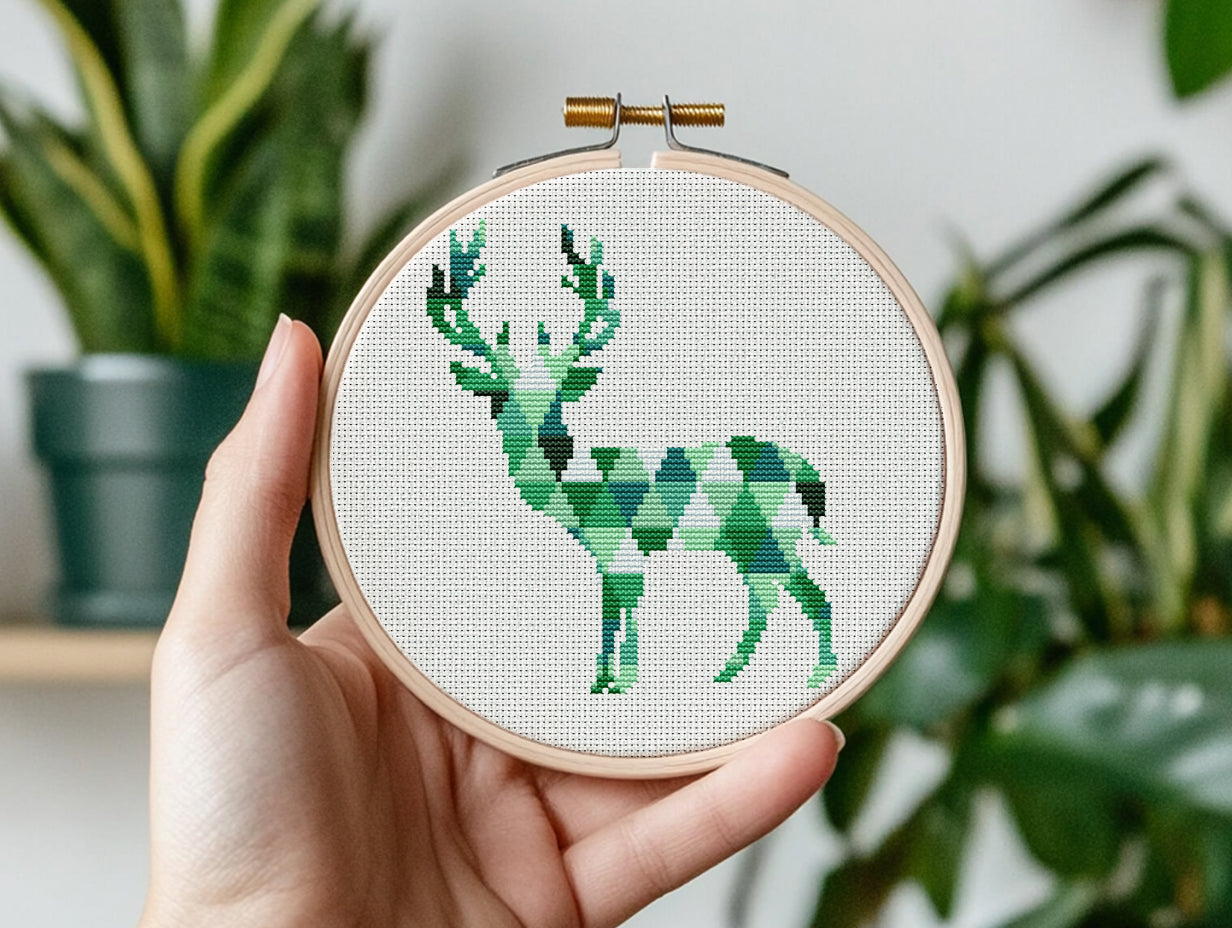 Geometric deer cross stitch pattern with triangle shapes, modern minimalist PDF design
