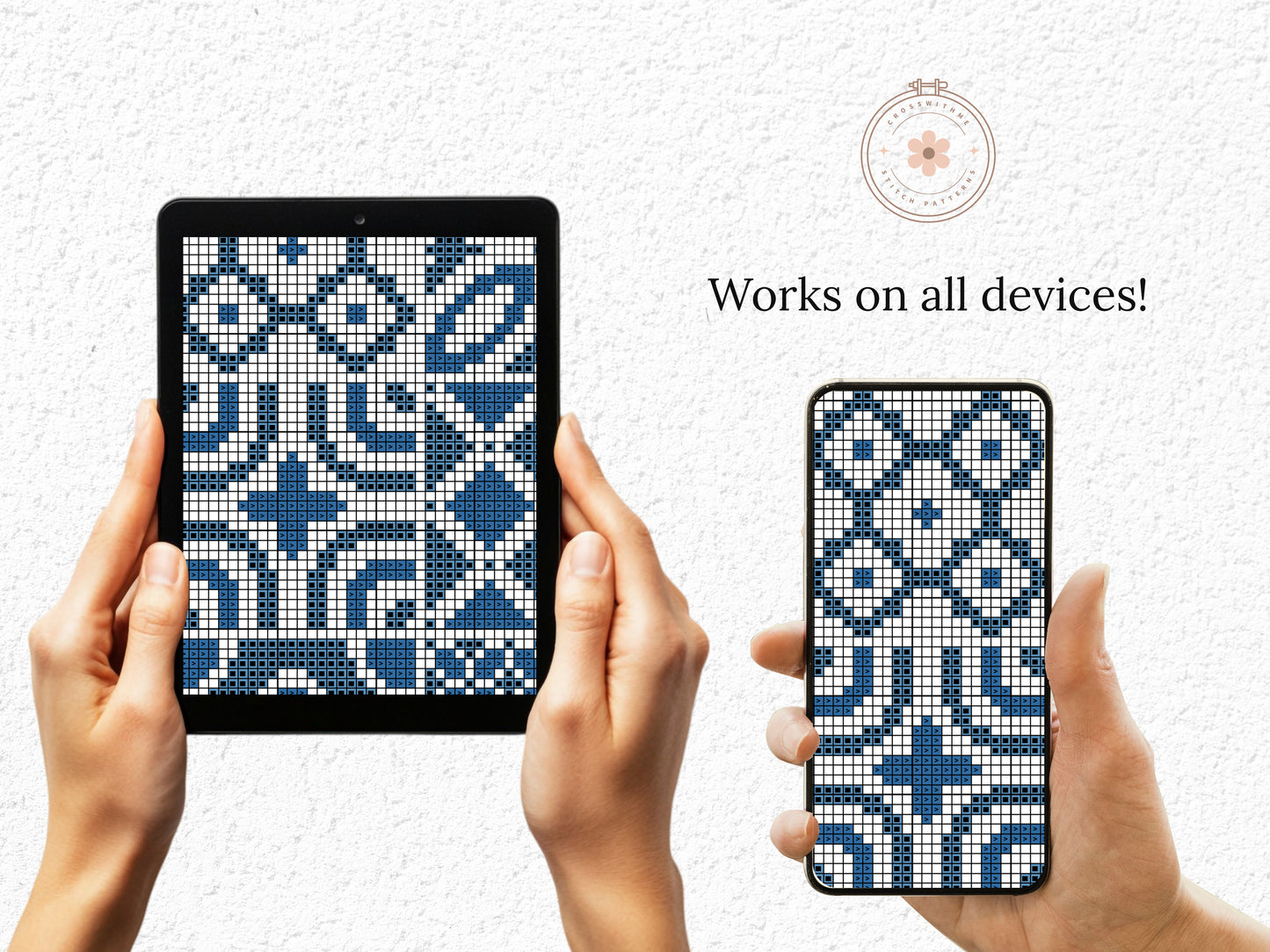 Blue tile style cross stitch pattern with intricate ceramic-inspired design