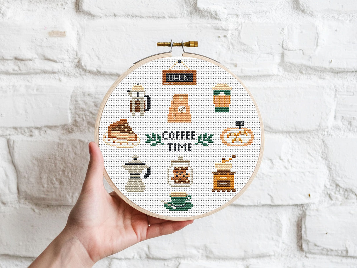 Coffee Time cross stitch pattern with coffee cups, beans, mugs, and cozy coffee-themed elements