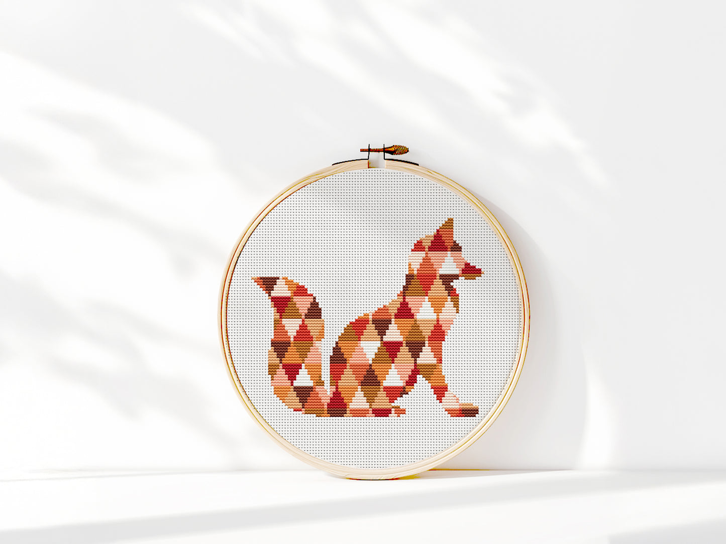 Geometric fox cross stitch pattern made of triangle shapes, modern minimalist PDF embroidery design