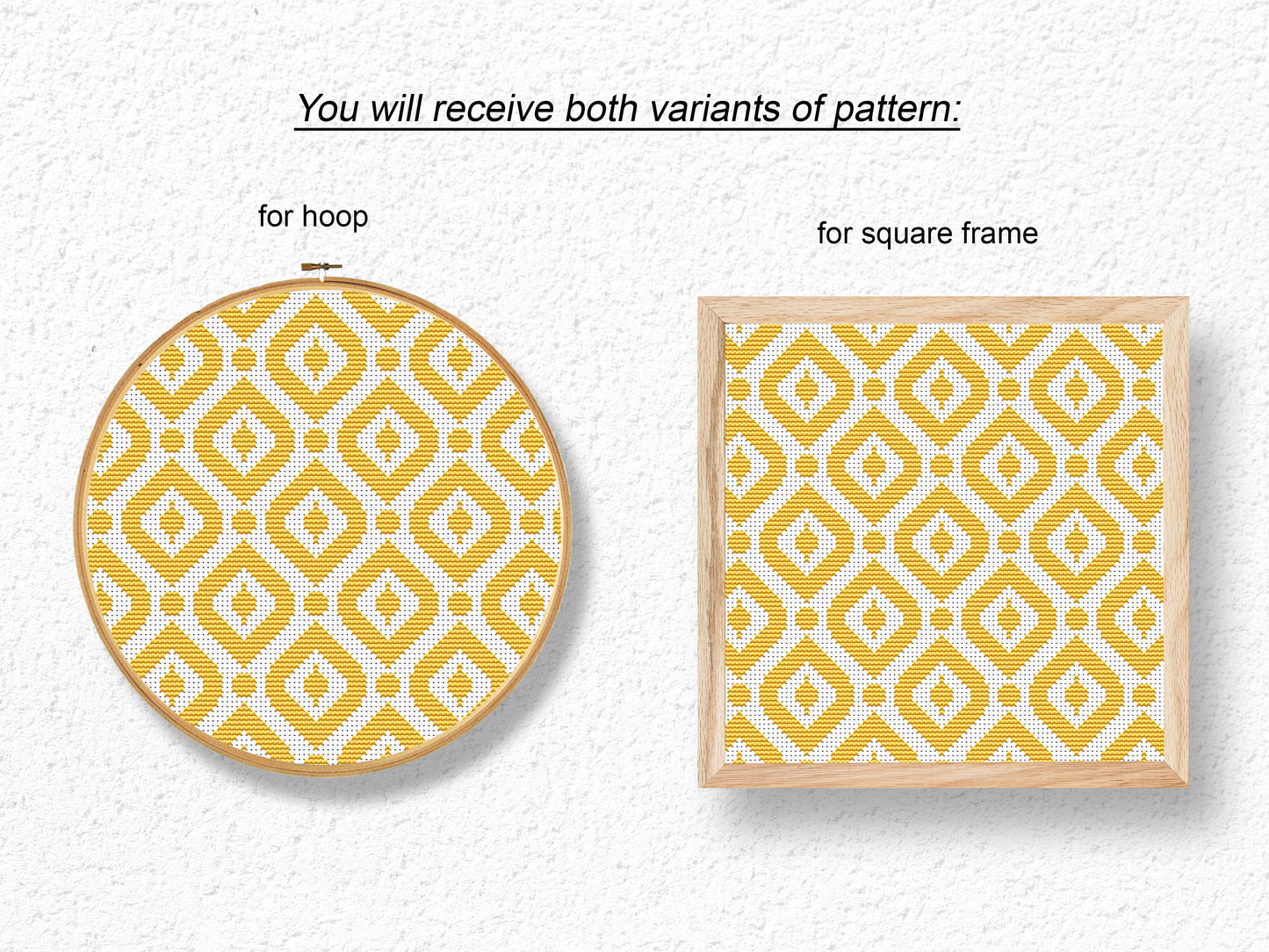 Yellow geometric rhombs cross stitch pattern, modern diamond design in PDF format
