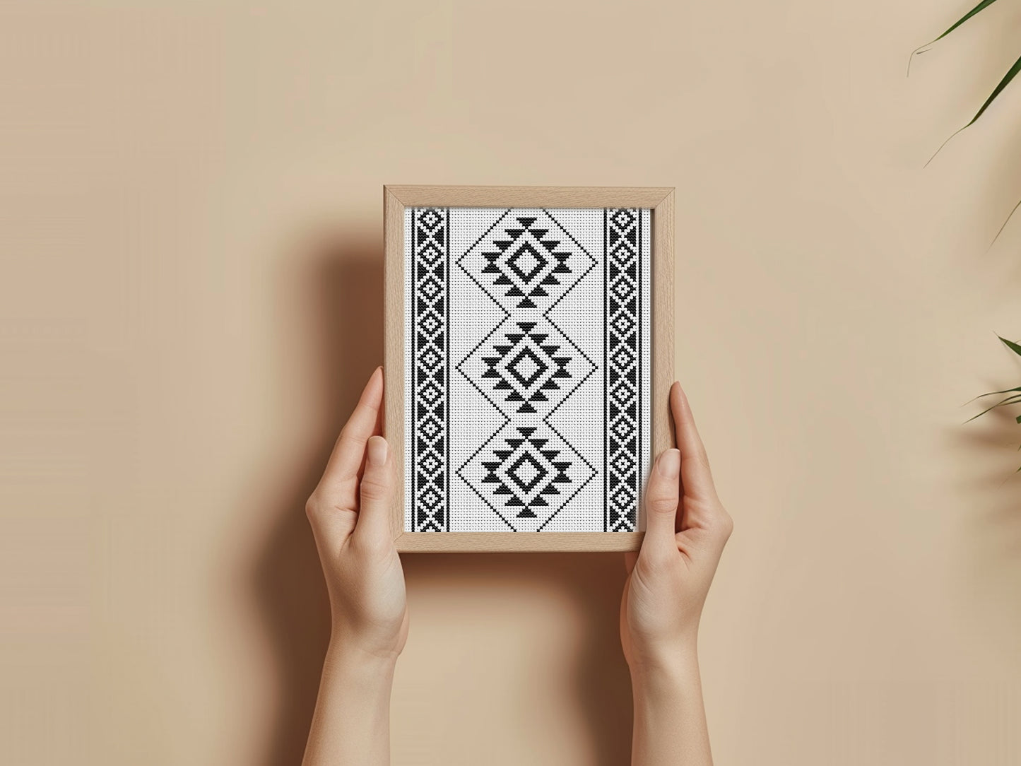 Set of three black and white tribal boho cross stitch patterns with geometric shapes