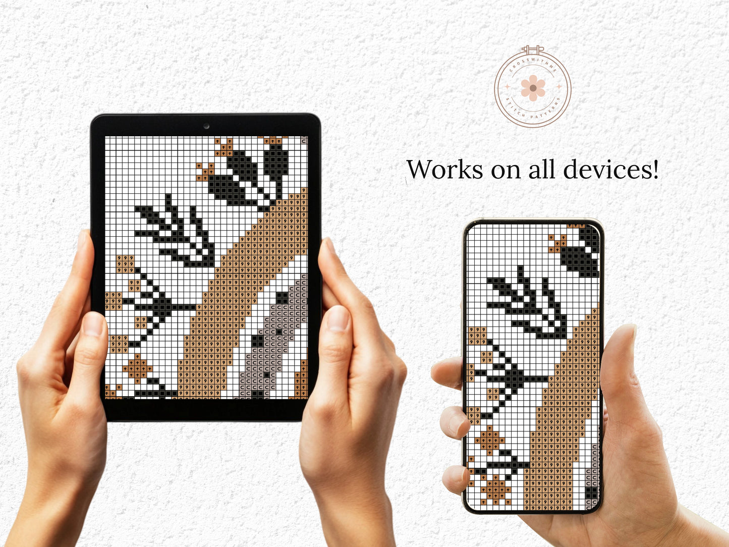 Hands holding a tablet and phone displaying cross-stitch patterns with text 'Works on all devices!'.