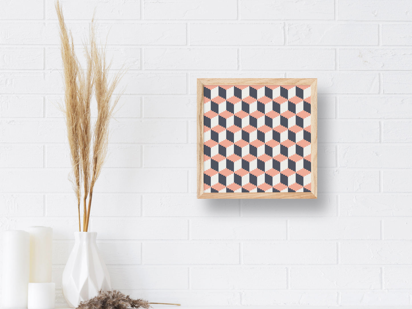 3D abstract cross stitch pattern with optical illusion and geometric depth