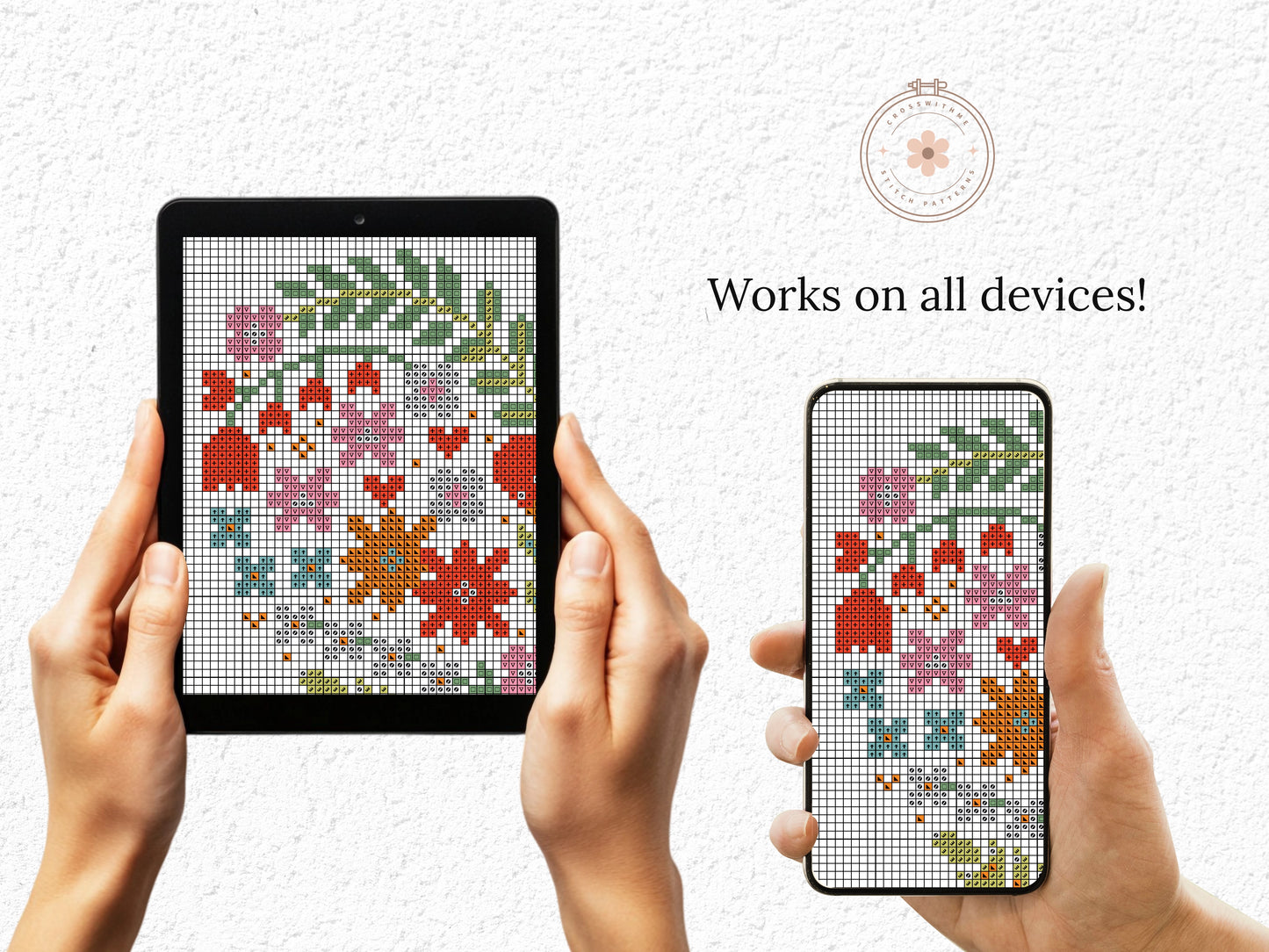 Folk Floral heart cross stitch pattern on black Aida fabric