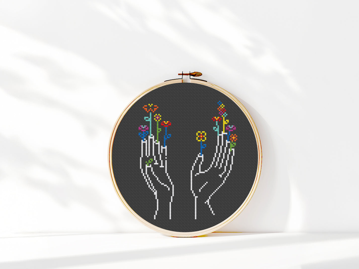 hands silhouette cross stitch pattern, floral embroidery on black canvas, modern minimalist design, set of 3 PDF charts