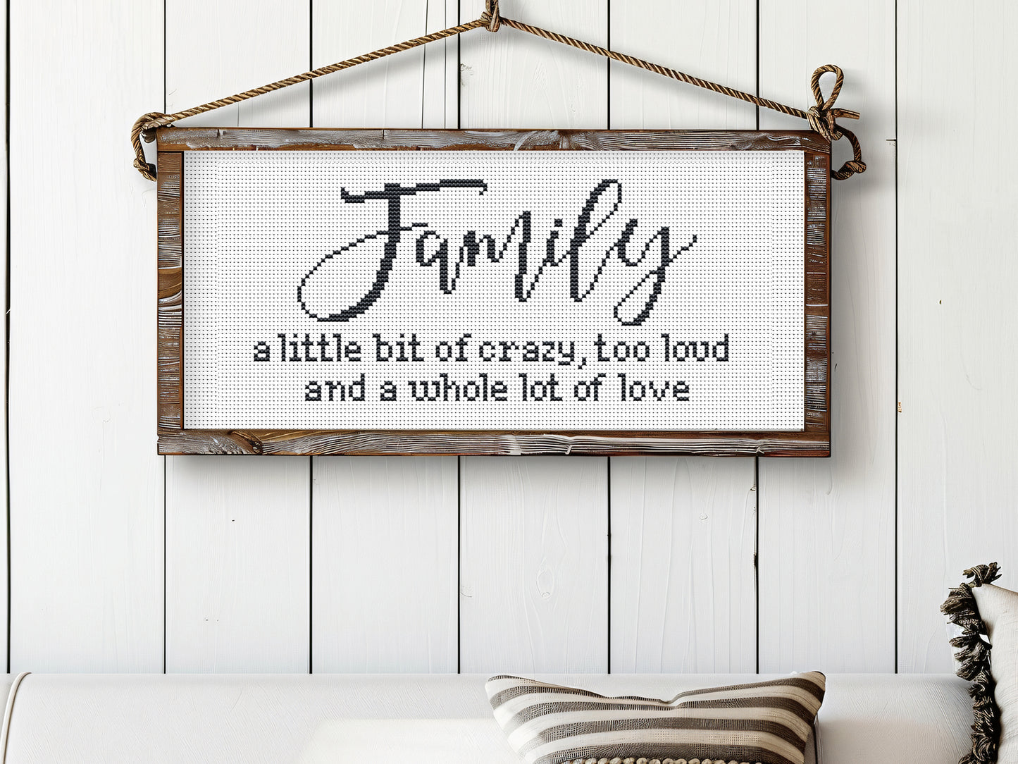 Family farmhouse quote cross stitch pattern – rustic PDF embroidery design for home décor
