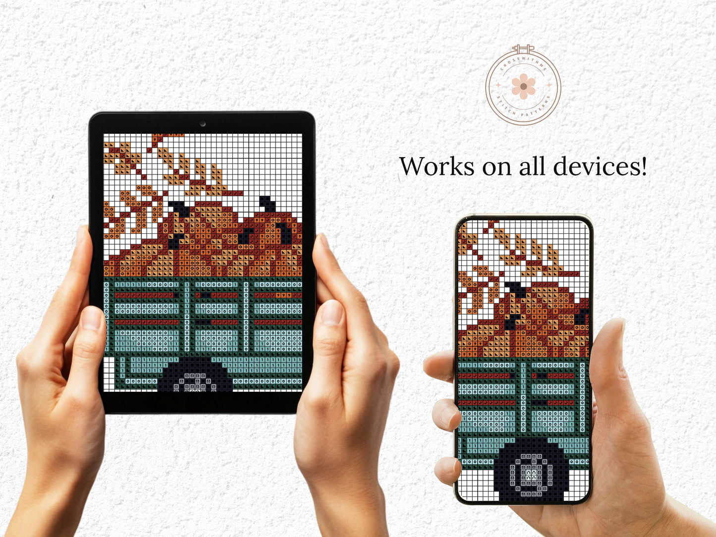 Autumn cross stitch pattern with vintage truck, pumpkins, and fall leaves – rustic PDF design