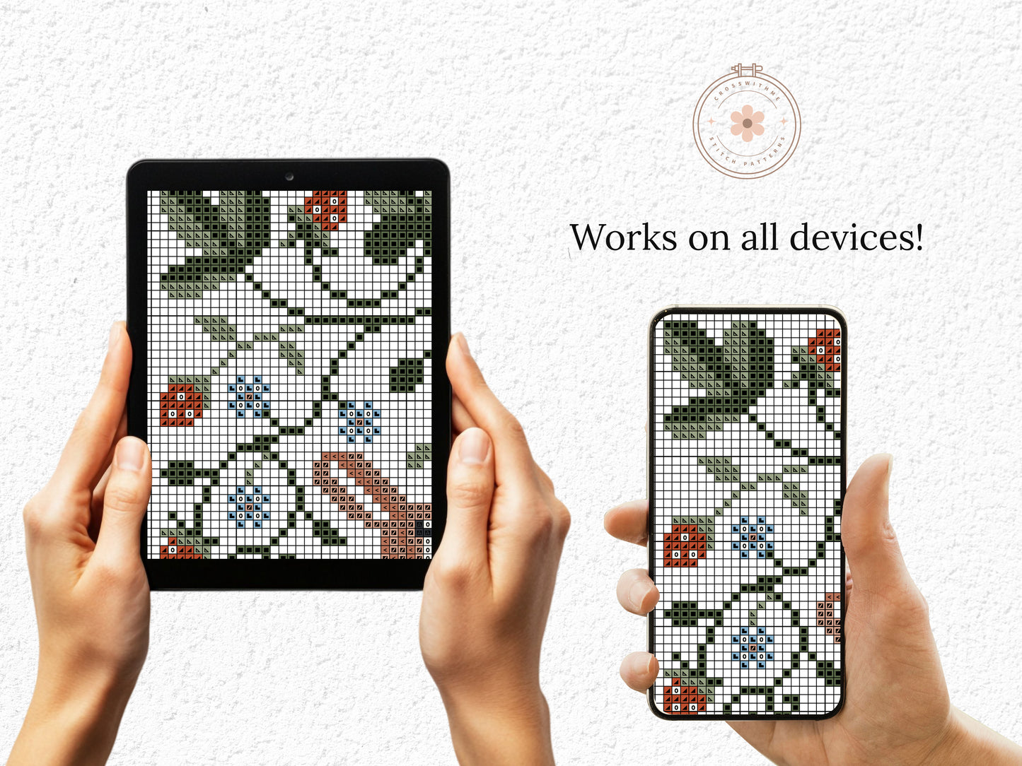 Folk cross stitch pattern with rabbits, leaves, and strawberries in woodland style