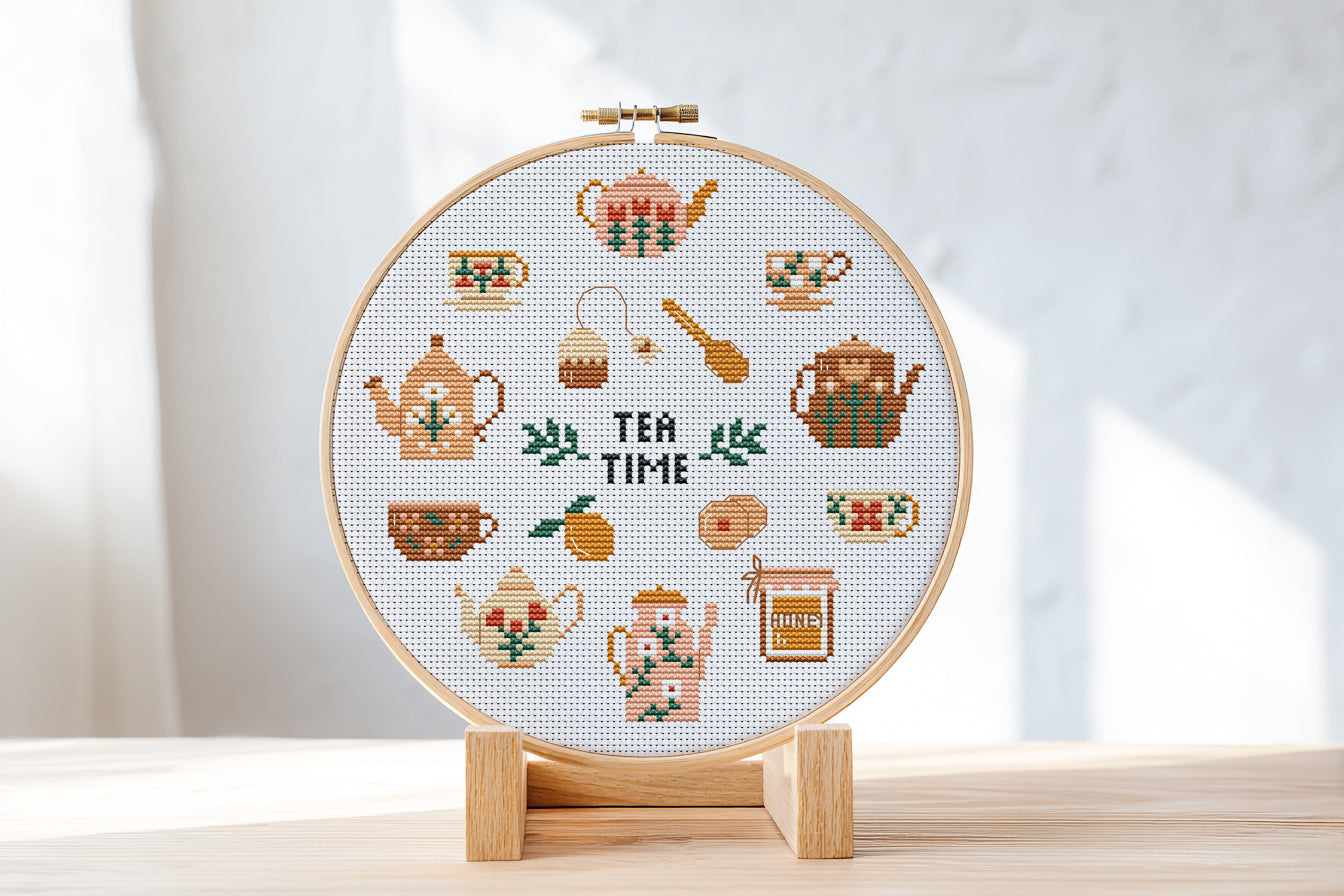 Tea Time cross stitch pattern with teapots, cups, spoons, and sweets in a cozy modern style