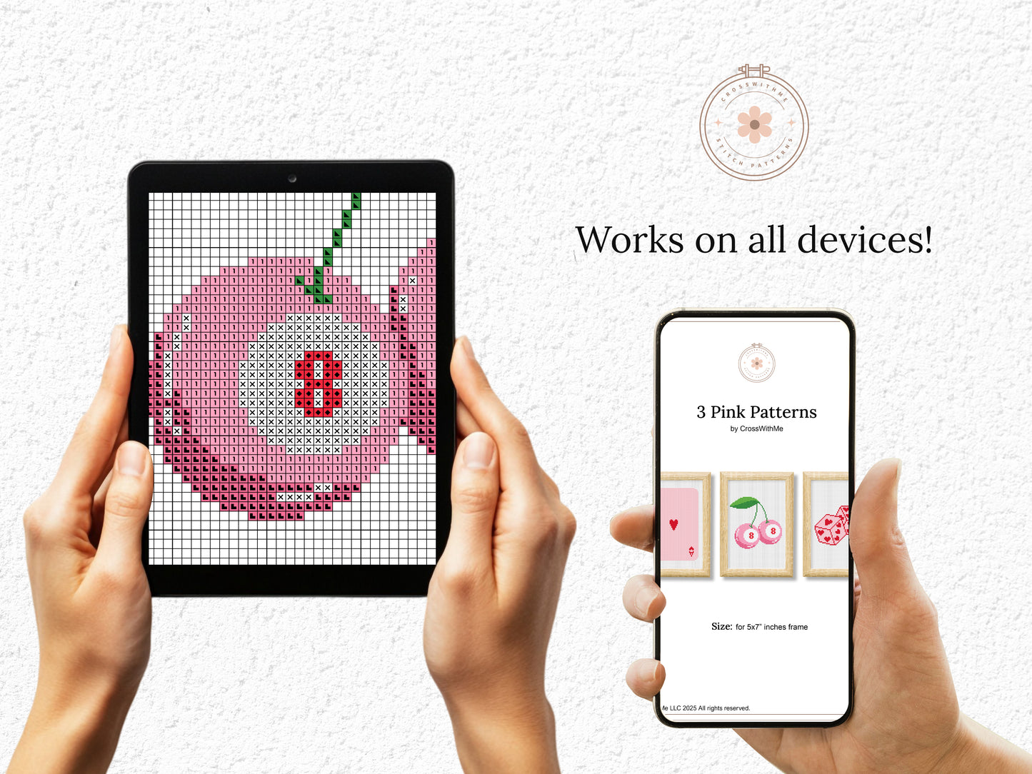 pink trendy cross stitch pattern, lucky cherry dice playing card embroidery, modern retro digital chart, fun design PDF download