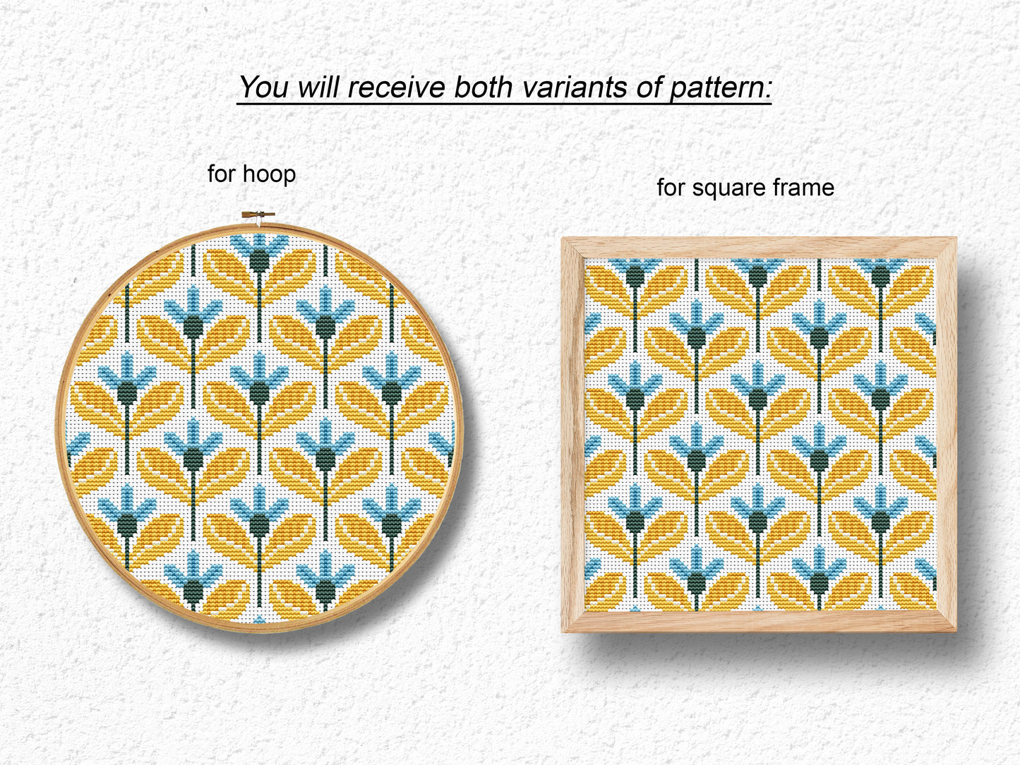 Yellow and blue geometric flowers cross stitch pattern, modern PDF embroidery design