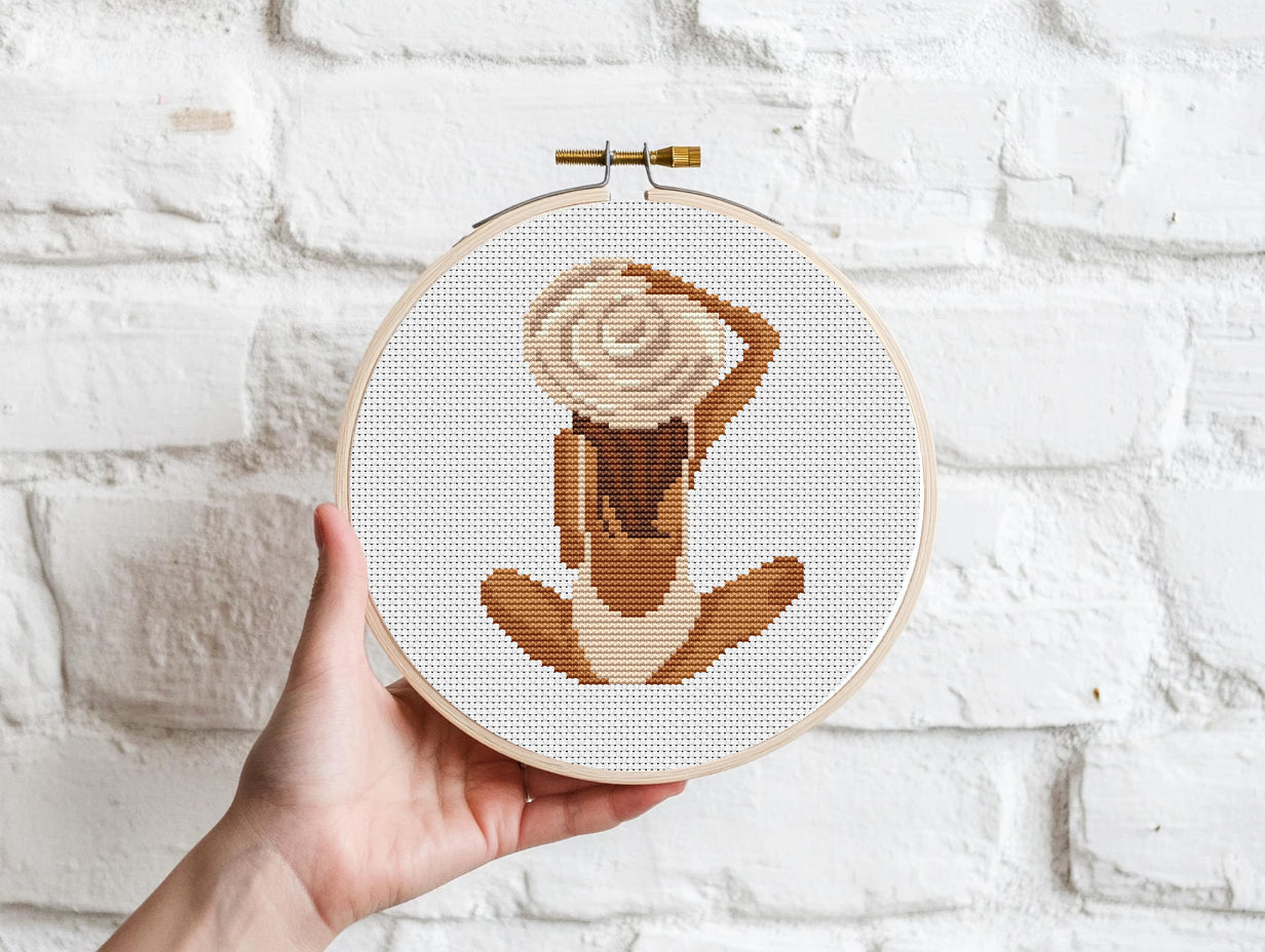 Cross stitch pattern of a woman in a hat on the beach, elegant seaside minimalist PDF design